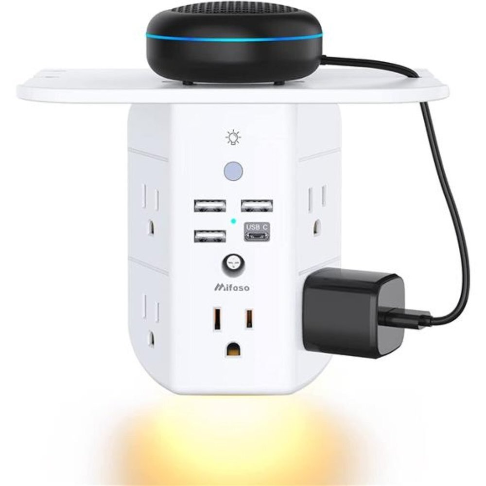 Wall Outlet Extender with Shelf and Night Light,Surge Protector,USB Wall Charger